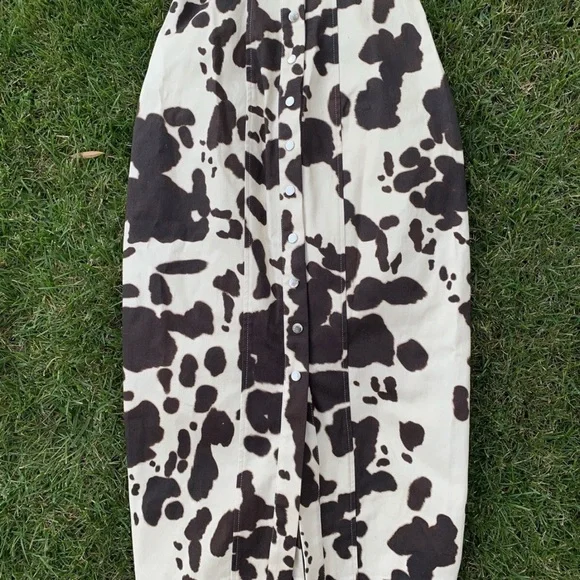 Capulet Brown and Cream bodycon denim button front cow print Midi Dress - Picture 3 of 4